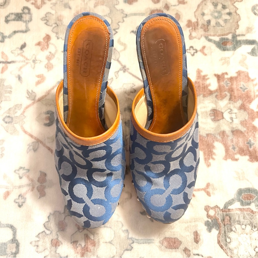Coach Heels Bacall Wooden Clog Blue and Tan Mules in very good condition! - Picture 5 of 7